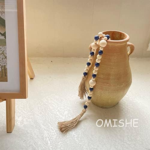 OMISHE Wood Bead Garland with Tassels 61 Inches, Decorative Beads Decor, Boho Farmhouse Wooden Beads Garland for Home Tiered Tray Decor, Navy Blue