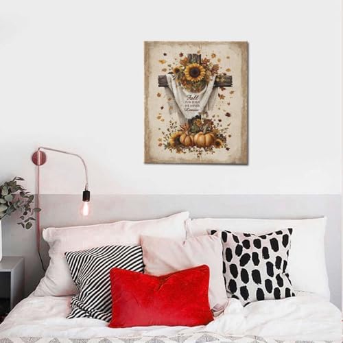 Christian Fall Wall Art Autumn Rustic Cross Sunflower Pumpkin Wall Decor Fall for Jesus He Never Leaves Pictures Painting Print Framed Artwork Decorations Gifts for Living Room Bedroom Prayer Room Office 20"x24"