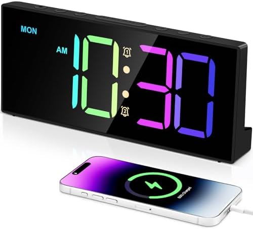 Tetino Alarm Clock for Heavy Sleepers, Digital Clocks with Adjustable Volume Brightness,Snooze,Battery Backup, Large Numbers Display RGB Colorful Changing Clock for Bedrooms,Office Living Rooms