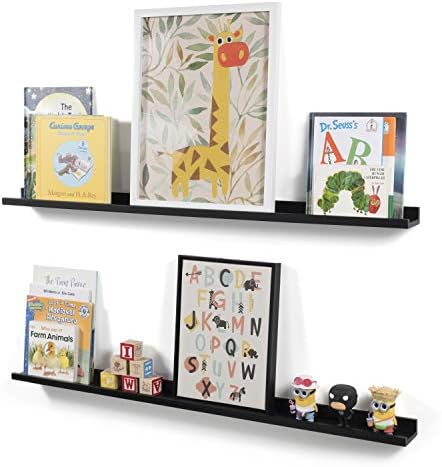 Wallniture Modern Floating Wall Ledge Shelf for Pictures and Frames Black 46 Inch Set of 2