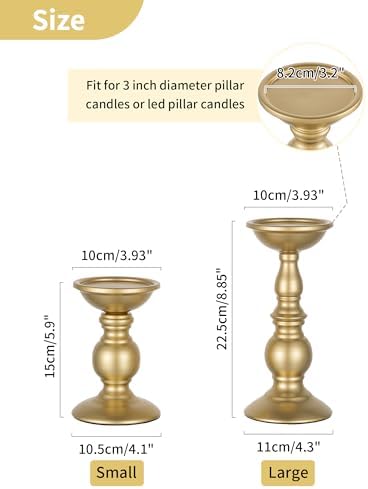 Set of 2 Gold Metal Pillar Candle Holders for 3 inches Dia Candle, Wedding Centerpieces Candlestick Holders Stand Centerpiece Decoration Ideal for Weddings, Special Events, Parties
