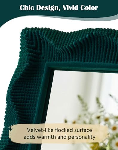 Emerald Green Wavy Vanity Mirror for Living Room Hallway Wall Decor | 14x12",Soft Velvet-like Touch,Accent Mirror for Bathroom Dining Room Hotel Coffee Book Shop,Aesthetic Room Stylers