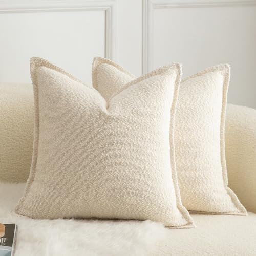 MANDIOO Pack of 2 Decorative Throw Pillow Covers Accent Solid Woven Textured Cushion Covers Pillow Cases Bedroom Living Room Sofa Home 18 x 18 Inch Beige