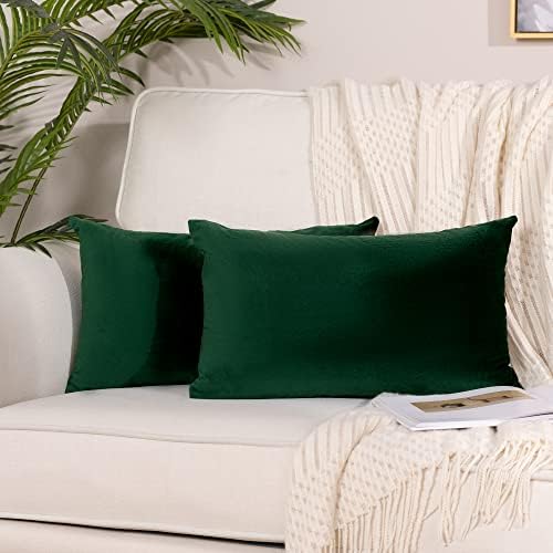 Stellhome Pack of 2 Velvet Throw Pillow Covers Rectangle Super Soft Solid Pillowcase for Bed Couch Sofa Bench, 12 x 20 inch (30 x 50 cm), Dark Green
