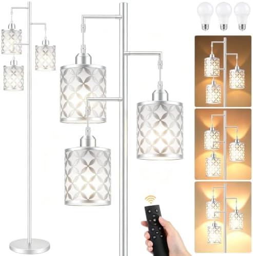 72" Dimmable Floor Lamp with Remote & Timer, Modern Minimalist Standing Lamp for Living Room Bedroom, 3 Individually Controlled Heads, 2 Height Options, 3x 800LM LED Bulbs Included - Silver