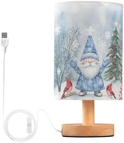 Winter Happy Gnomes Red Bird Xmas Tree Bedside Table Lamps with USB Port for Bedroom Lamp Accent Table Lamp Small Nightstand Lamp Sturdy Linen Shade Wooden Decorative Lamps for Home|Kids|Holiday