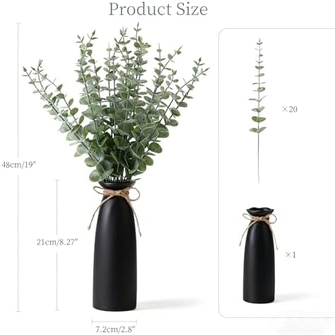 Vase with Greenery, 20pcs Artificial Eucalyptus Stems in Black Vase, Fake Plant Home Decor, 19" Decorative Faux Plants for Home Farmhouse Mantle Centerpiece Decor