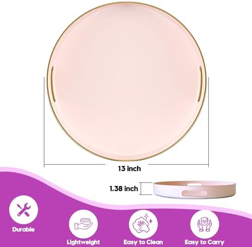 Gifturbo Matte Pink Decorative Serving Tray,Round Serving Trays with Handles, Coffee Table Tray Ottoman Round Plastic Trays for Living Room, Bathroom