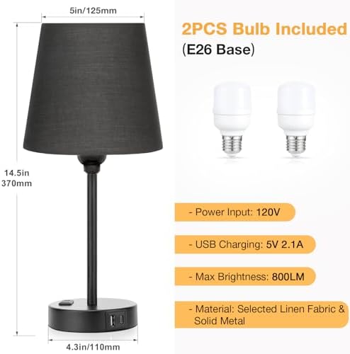 Black Bedside Lamps Set 2 for Bedroom - Dimmable Touch, USB C+A, AC Outlet