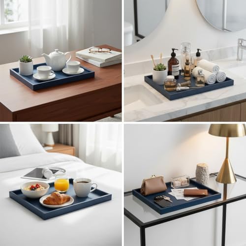 25 * 15 Inch Rectangular Ottoman Tray | Textured PU Leather, Waterproof & Heat-Resistant Storage for Coffee/Dining Tables, Sofa, Bed, Entertainment & Party (Navy Blue, 25 * 15in)
