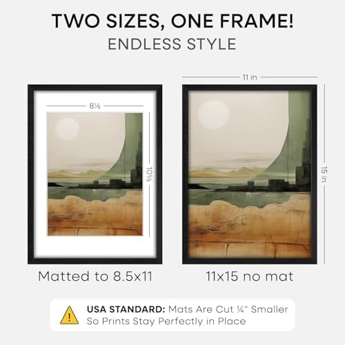 Homeforia 11x15 Black Oak Picture Frame, High-End Wood, 8.5x11 Mat, Glass