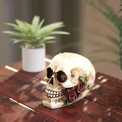 READAEER Human Skull with Rose Resin Statue Small Size Head Sculptures Skull Collectible Figurines