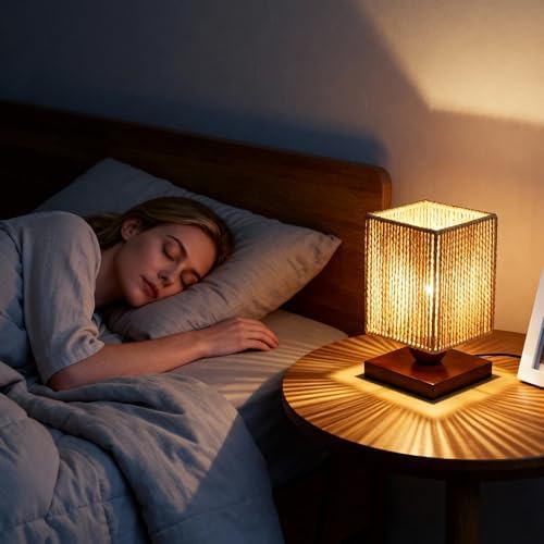 Small Rattan Table Lamp, Square Shade, Woven Square
