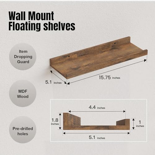 RICHER HOUSE 8-Set Floating Shelves with Lip, Rustic Brown Wall Shelf 16in