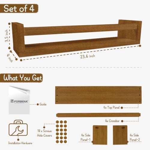Forbena 24 Inch Wooden Floating Nursery Book Shelves for Wall, Walnut Nursery Bookshelf Wall Mounted for Kids Bedroom, Large Kids Floating Bookshelves for ChildToys Classroom Books Decor (Dark Brown)