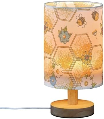 Vintage Bee Honeycomb Flower Table Lamp with Wood Base Fabric Lamp Shade Bedside Nightstand Desk Lamp for Living Room Bedroom Kids Room Office