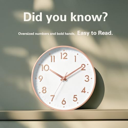 Mosewa Small 8 Inch Wall Clock Battery Operated Silent Non Ticking Analog | Rose Gold modern clock; oversized 3D easy-read dial for kitchen, bedroom & office; 1 AA battery (not included)