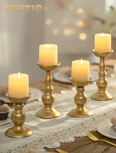 Set of 2 Gold Metal Pillar Candle Holders for 3 inches Dia Candle, Wedding Centerpieces Candlestick Holders Stand Centerpiece Decoration Ideal for Weddings, Special Events, Parties