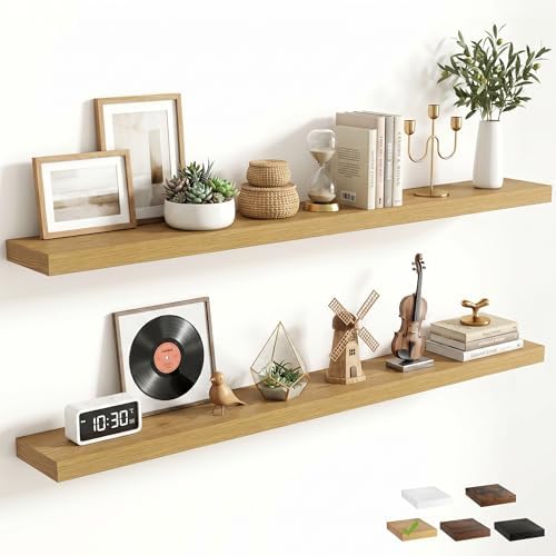 FLYJOE 55 Inch Floating Shelves for Wall Set of 2, 6.5" D Wood Grain Bathroom Shelves with Invisible Brackets, Easy Install Engineered Wood Storage Shelves for Kitchen, Living Room, Bedroom