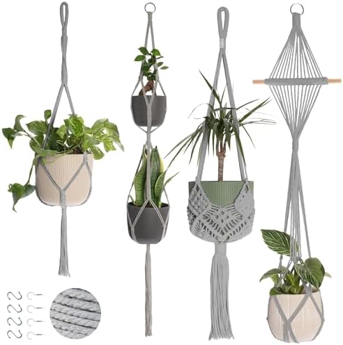 Nook Theory 4-Pack Macrame Plant Hangers with 8 Hooks - Hanging Planters for Indoor Plants, Boho Macrame Hangers Indoor Outdoor, Decorative Plant Hanger Indoor (Light Gray)