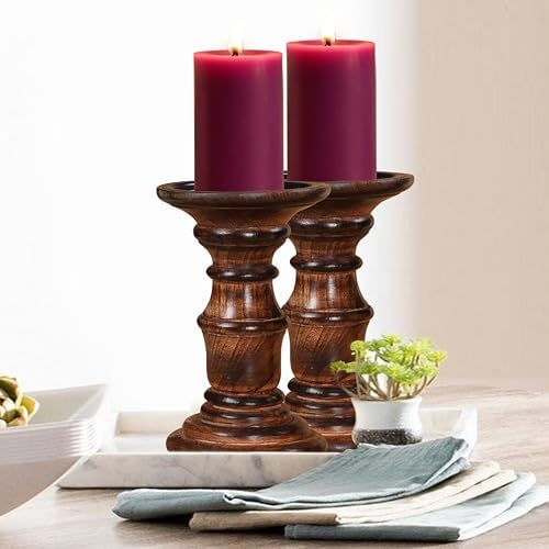 Candle Holders Set of 2 (6" Height)_Burnt Finish,Pillar Candle Holder in Mango Real Wood,Decorative Candle Holders for Table Centerpiece, Wedding, Party, Home Décor, Spa, Farmhouse, Gifting