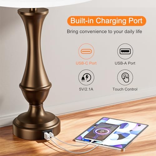 Touch Lamps for Nightstand, 3 Way Dimmable Lamps for Bedroom with USB C+A