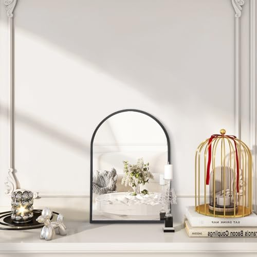 Black Arched Mirror, Modern Bathroom Wall Mirror Aluminum Alloy Framed Mirror Brushed Metal Vanity Wall Mounted Mirror for Livingroom Bedroom Entryway Room 16"x12"
