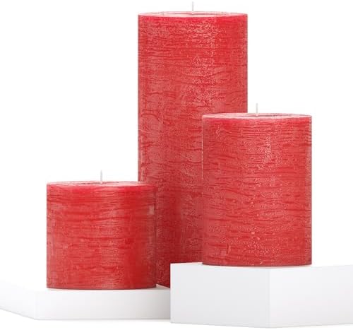 CANDWAX Assorted 3x3, 3x4, 3x8 Inch Red Pillar Candles Set of 3 - Smokeless Dripless Red Pillars - Perfect for Home Decor, Dinner Table Centerpieces, Party Decorations - Unscented Candles