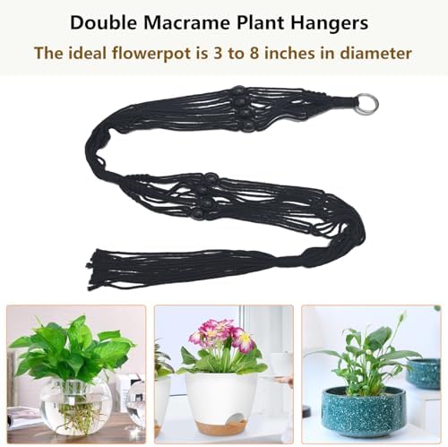 Belit 2 Pack Double Macrame Plant Hangers 2 Tier Hanging Planter Basket Decorative Flower Pot Holder Rope for Indoor Outdoor Home Decor 51 Inch, Black