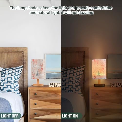 Winter Deer with Red Scarf Pine Tree Bedside Table Lamps with USB Port for Bedroom Lamp Table Lamp Small Nightstand Lamp Sturdy Linen Shade Wooden Decorative Lamps for Home Dorm Office Living Room