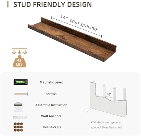 Acovy 24 inch Picture Ledge Shelf, Wood Floating Shelves Set of 4, Brown