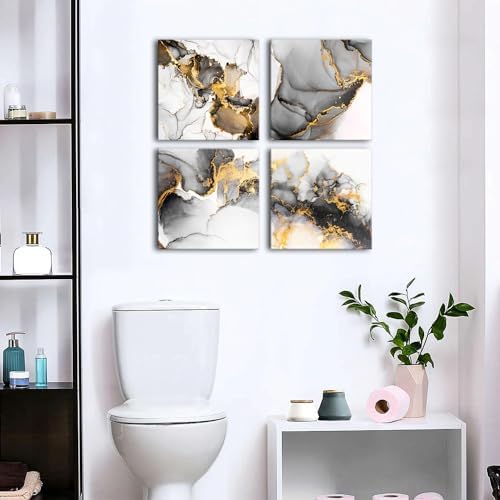 Abstract Texture Wall Art Black and Gold Marble Wall Decor for Living Room Watercolor Ink Fluid Lines Picture Canvas Print Minimalist Painting Framed Artwork Bedroom Office Home Decoration 20x20” 4Pcs
