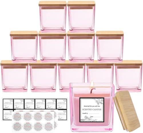 CONNOO 12 Pack 9oz Pink Glass Square Candle Jars with Bamboo Lids