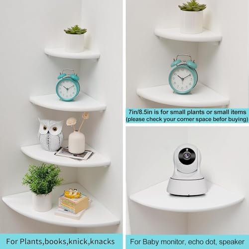 Corner Shelf, White Floating Corner Shelf, Set of 2 7inch Solid Oak Wood Corner Wall Shelves, Round End Wall Mount Display Shelf with Wire Hole for Small Plant for Bedroom Kitchen, Living Room