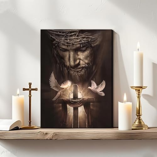Fantasy Artists Framed Jesus Christ Canvas Wall Art The Cross and Peace Dove Christian Painting Prints Biblical Wall Decor Religious Room Decor for Church Prayer Room Schools Hospitals 16" x 24"