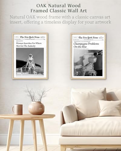iHery 12x16in Champagne Problems on the Rise Framed Newspaper Art | Natural OAK Wood Frame with Canvas Print, Vintage Champagne Decor for Bar Cart, Kitchen, Living Room and Bathroom, 1Pack