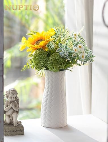 NUPTIO White Ceramic Flower Vase, Woven Texture, 7.9" Tall, Unglazed | Gold Flower Arrangement Holder, Welcome Floor Stands, for Wedding Ceremony