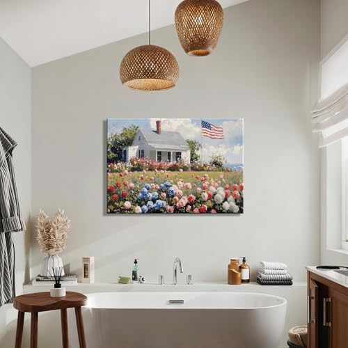 RIBNTAK Patriotic American Flag & Floral Farmhouse Canvas Wall Art, 4th of July Coastal Cottage Pictures, Wildflower Landscape, Independence Day Wall Decor for Living Room, Kitchen, Made USA
