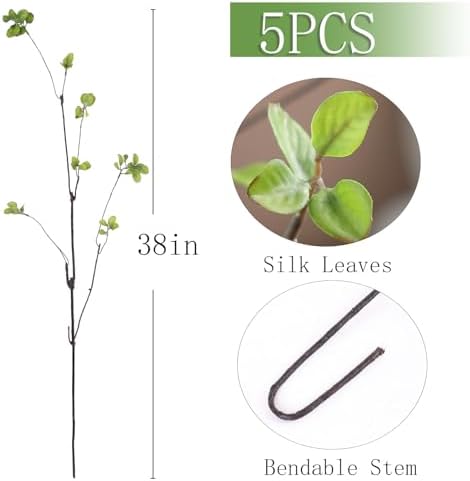 mizii 5pcs Artificial Greenery Stems 38in Realistic Faux Ficus Branches Long Stem with Green Leaves Fake Plants Eucalyptus Stems Greenery Decoration for Vase Table Room Home Indoor Decor (Green)
