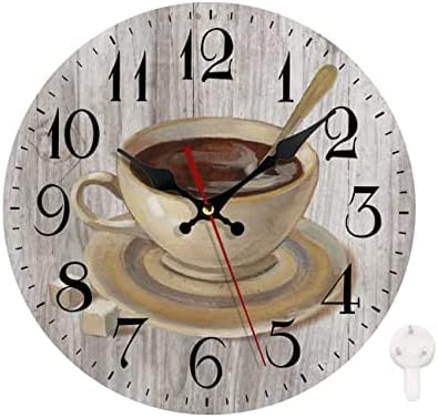 LOKMU Silent Non Ticking Clock 12 Inch, Round Wall Clock,Decorative for Living Room, Kitchen, Home,Bathroom, Bedroom, Office or School, Coffee Cup on Wooden