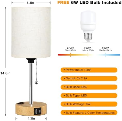 Small Bedside Table Lamp for Bedroom, Desk Lamp with USB Ports for Dorm