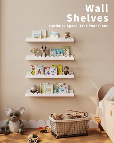 Shario Nursery Book Shelves, 4-Pack White Floating Shelves for Wall Kids, Scalloped Shelves, Wall Book Shelves for Bedroom Kids, Toddler Room, Baby Room, Nursery Decor