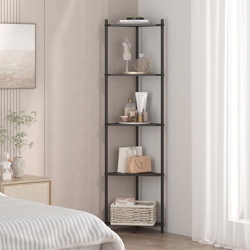 Wisuce Black Tall Corner Shelf Stand, 5-Tier Bamboo Corner Bookshelf