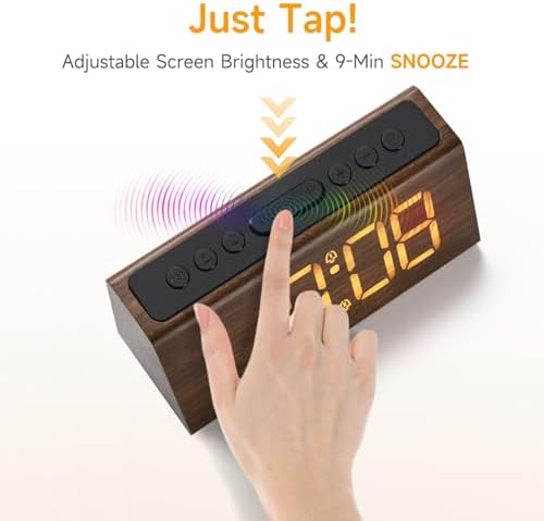 Cadmos Wooden Digital Alarm Clock for Bedroom,Electric Desk Clock with USB Port,Loud Alarm for Heavy Sleepers,Adjustable Volume & Dimmer,Snooze,DST,Wood Decor,Bedside & Desk Us(Brown - Amber Digits)
