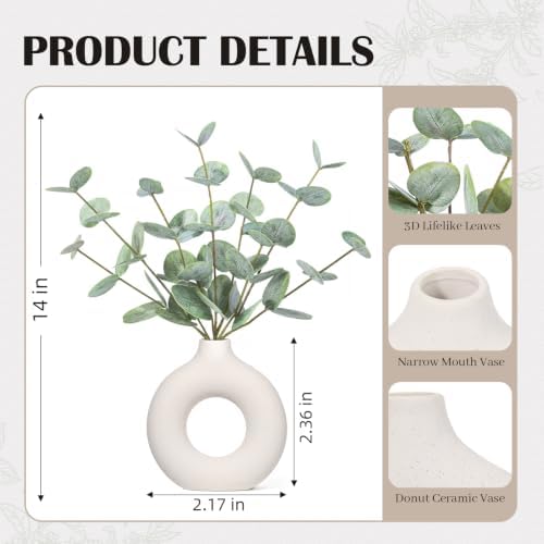 FIACO Artificial Eucalyptus Stems in Ceramic Vase, 14" Fake Plants for Home Decor, Coffee Table Centerpiece Bathroom Shelf Dining Table Farmhouse Faux Greenery Plants Indoor Decorations