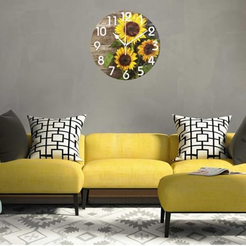 Naanle Stylish 3D Beautiful Sunflowers Vintage Wood Autumn Round Wall Clock, 9.5 Inch Battery Operated Quartz Analog Quiet Desk Clock for Home,Office,School