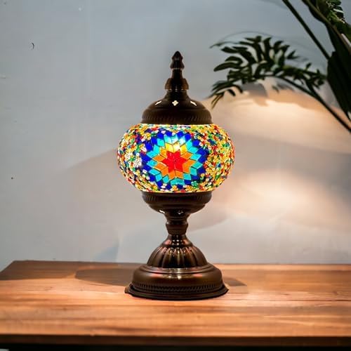 SILVERFEVER Handcrafted Mosaic Turkish Lamp Moroccan Glass Table Desk Bedside Light Bronze Base with E12 Bulb (Purple Starburst)
