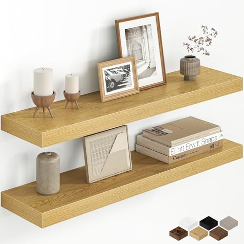 32 Inch Floating Shelves for Wall, Rustic Wood Wall Mounted Deep Storage Shelves with Invisible Brackets, Large Decorative Display Ledge for Living Room Bedroom Bathroom and Kitchen, Set of 2, Oak