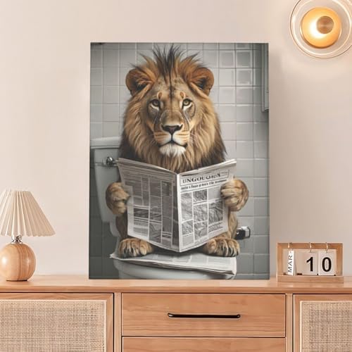 Funny Lion Bathroom Wall Art Cute Lion Toilet Wall Decor Pictures Animal Bathroom Canvas Prints Painting Home Decorations Restroom Artwork Ready to Hang Framed Gifts 20"x24"