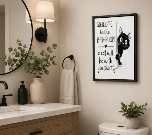 Black Framed Funny Cat Canvas Wall Art Black White Humorous Animal Bathroom Poster Print Artwork Welcome to Bathroom Painting Picture Wall Decor for Restroom Toilet Home Decoration 8x10in